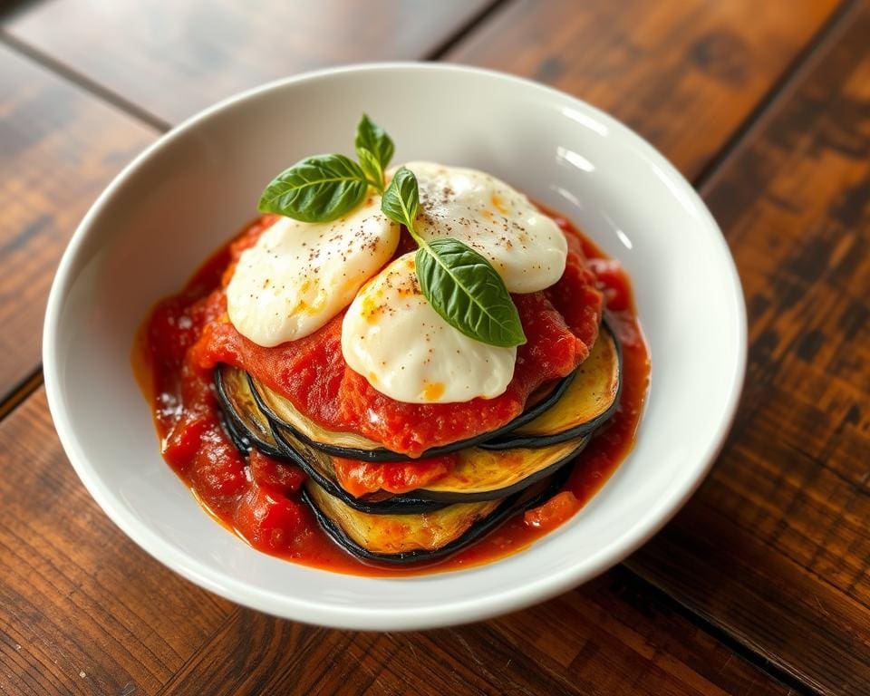 Aubergine parmigiana met een laagje mozzarella