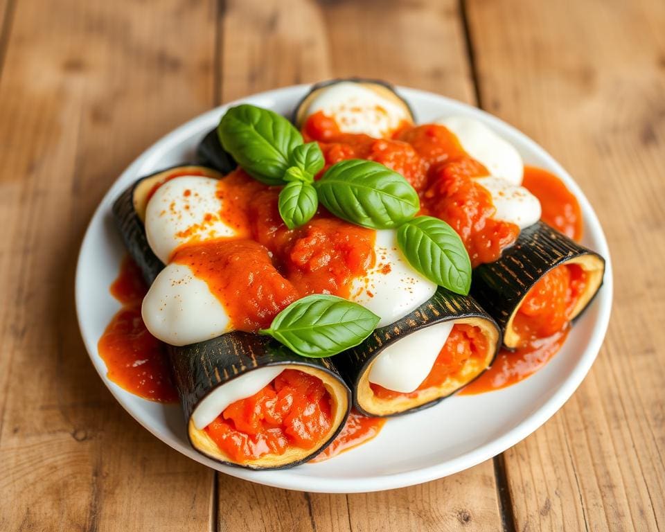 Aubergine rolletjes gevuld met tomatensaus en mozzarella