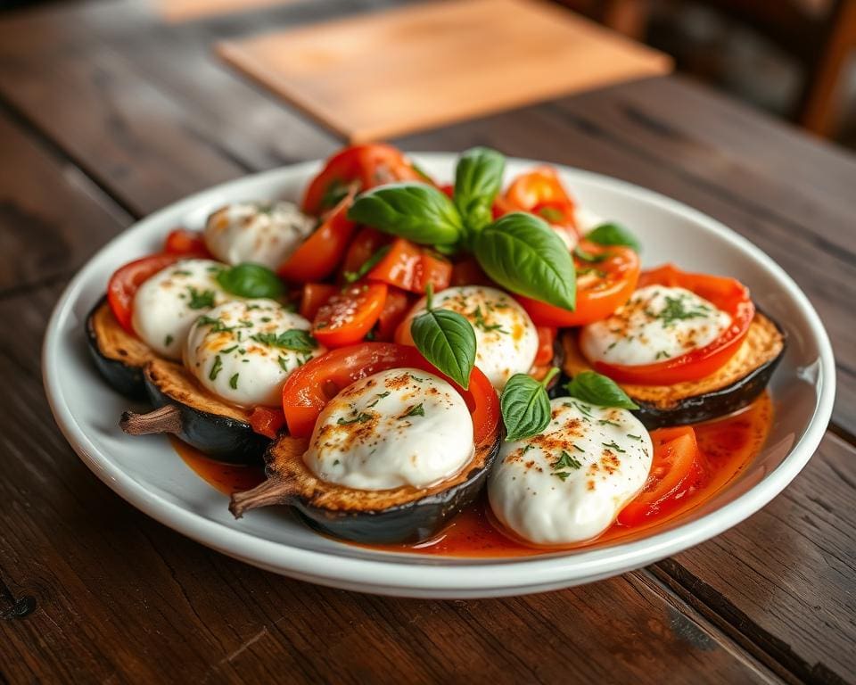 Aubergineschotel met tomaat en mozzarella