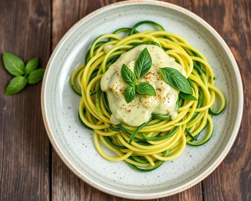 Courgette spaghetti met avocado en basilicumsaus