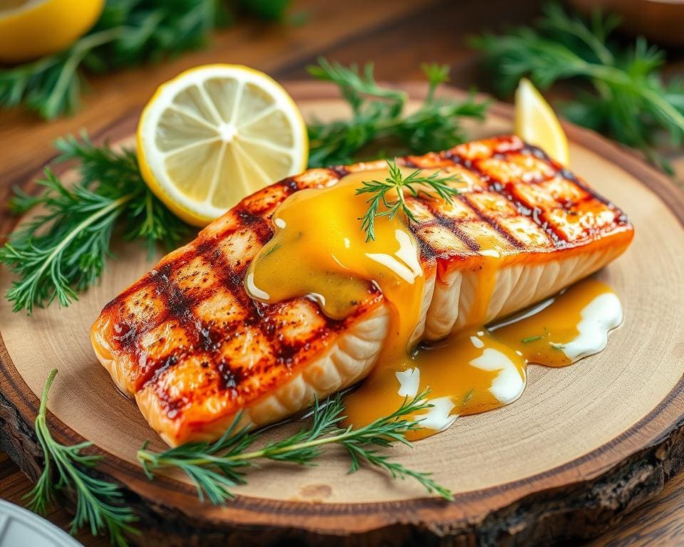 Gegrilde zalm met een honing-dillesaus