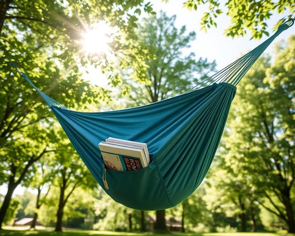 Hangmatten met een geïntegreerde opbergzak voor boeken