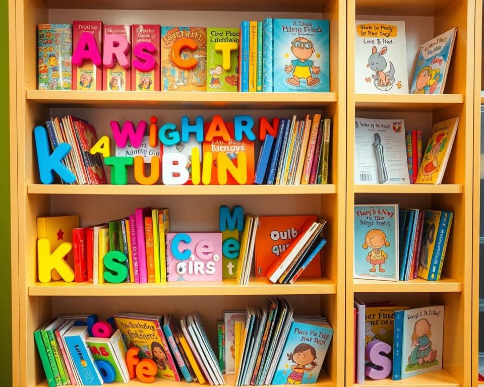 Kinderboekenrekken met kleurrijke magnetische letters