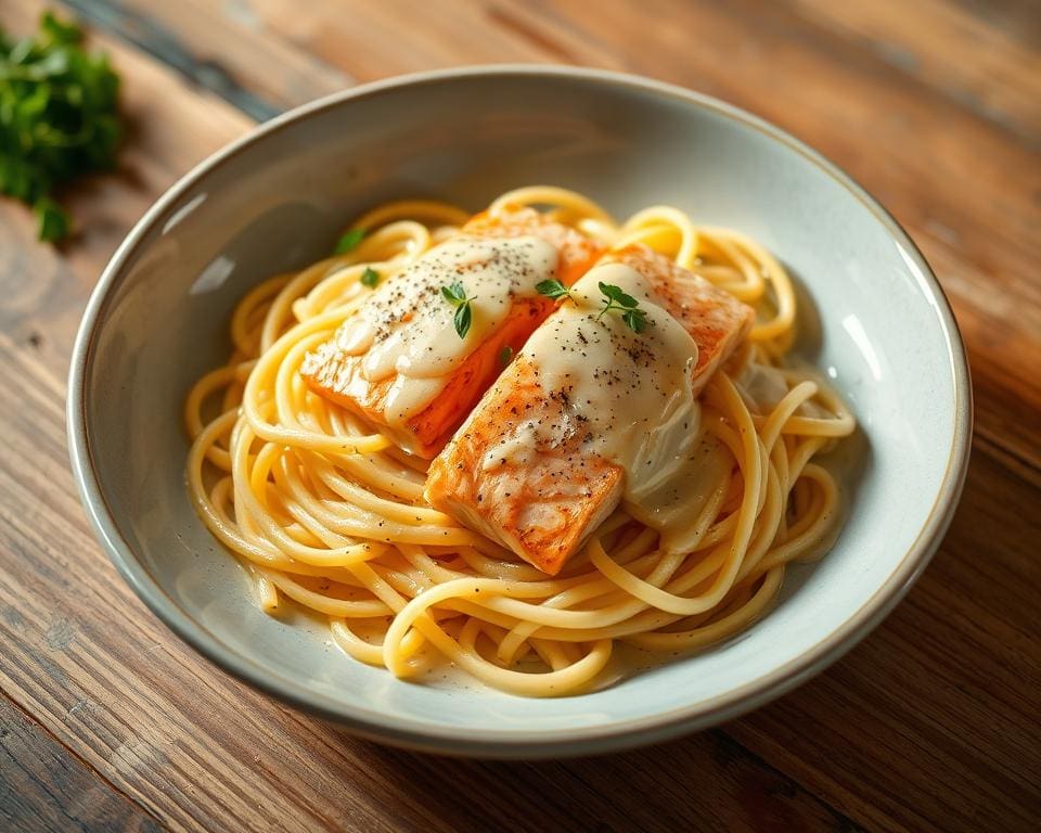 Pasta met zalm en een romige citroendressing