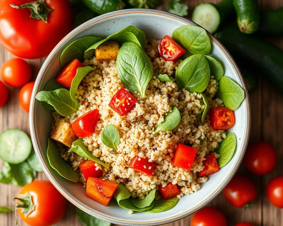 Quinoa salade met spinazie en gegrilde paprika