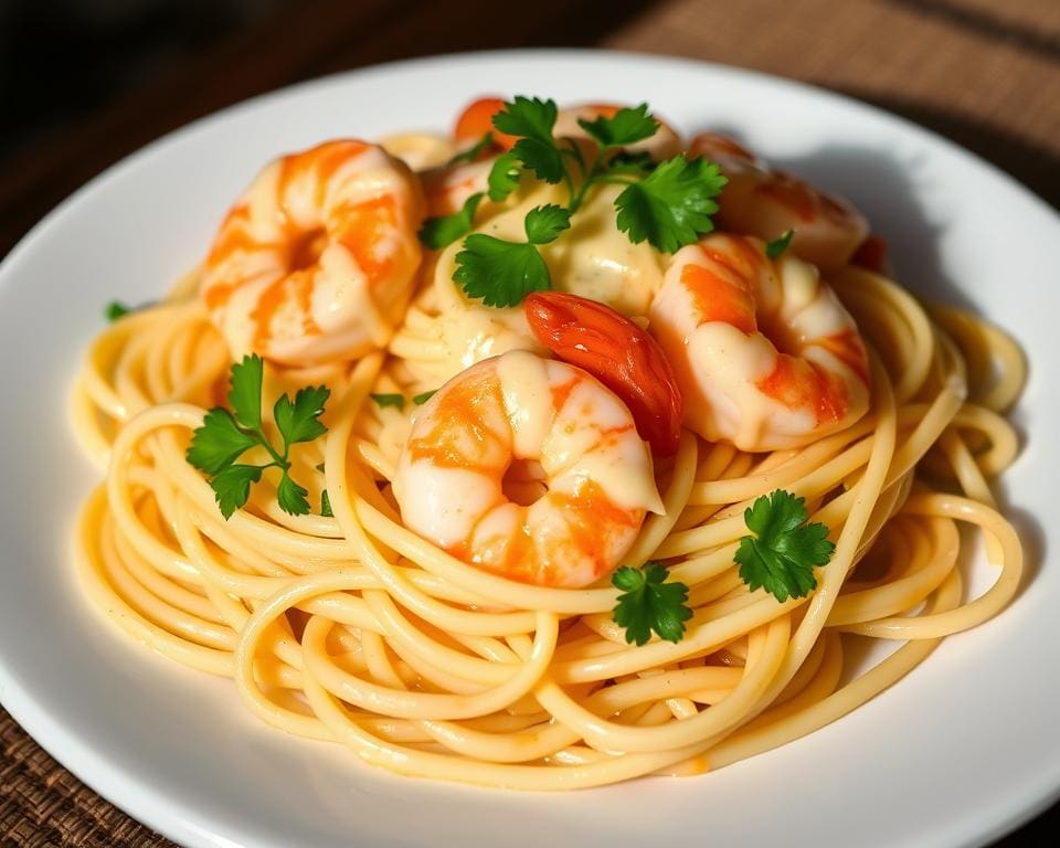 Spaghetti met garnalen in een knoflookroomsaus