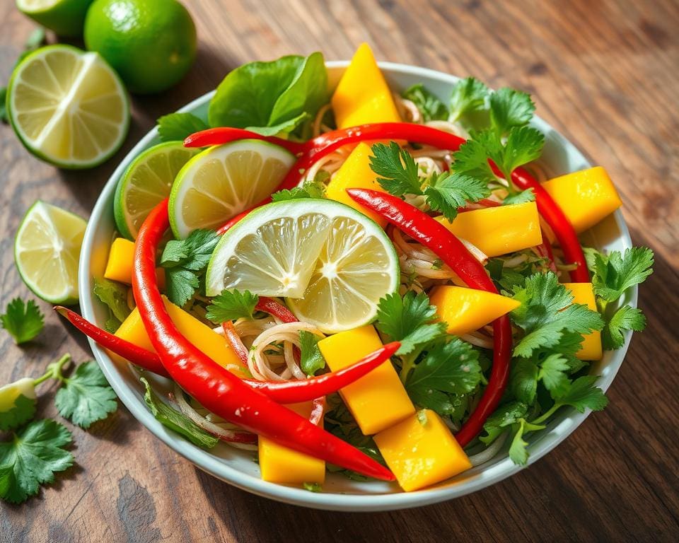 Thaise salade met limoen, mango en chili