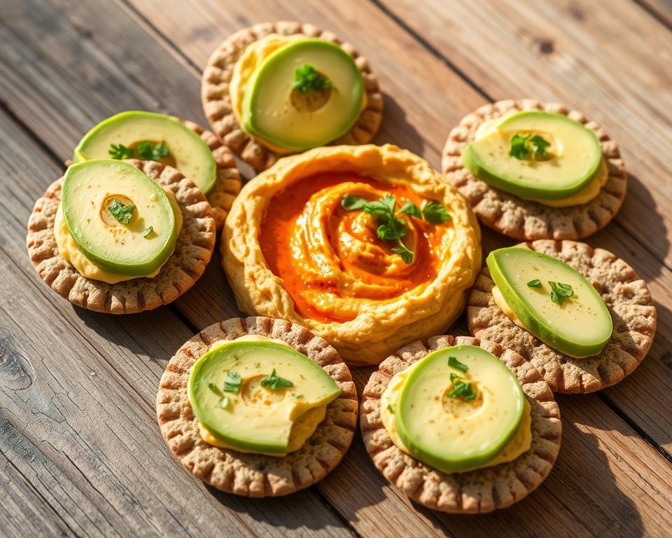 Volkoren crackers met avocado en een pittige hummus