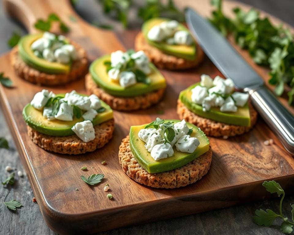 Volkoren crackers met avocado en geitenkaas