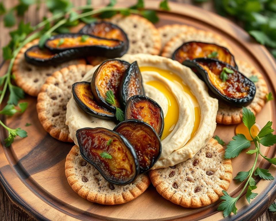 Volkoren crackers met hummus en geroosterde aubergine