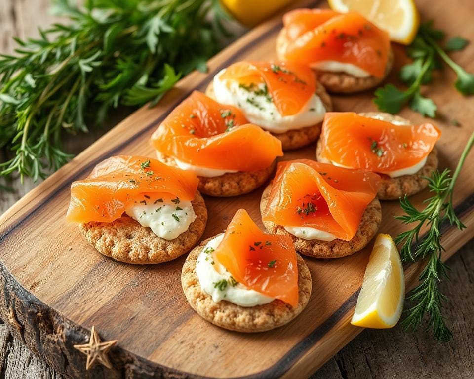 Volkoren crackers met kruidenboter en gerookte zalm