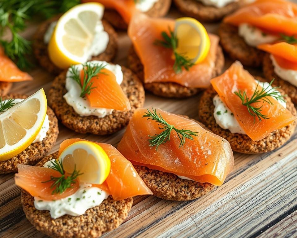 Volkoren crackers met kruidenkaas en zalm