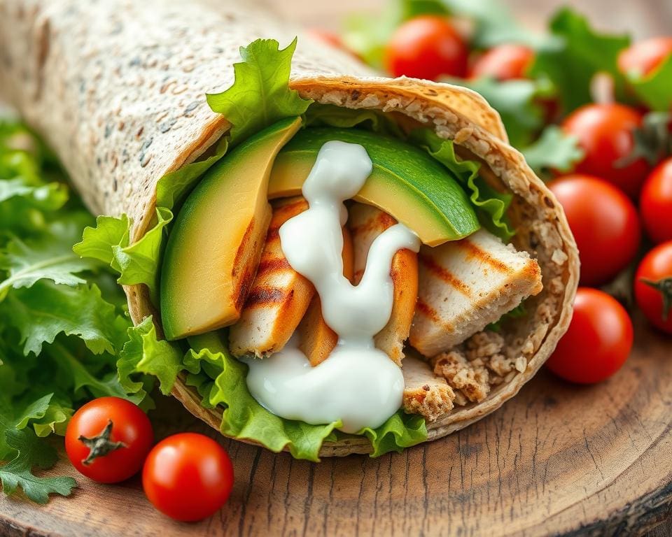 Volkoren wrap met kip, avocado en yoghurtsaus