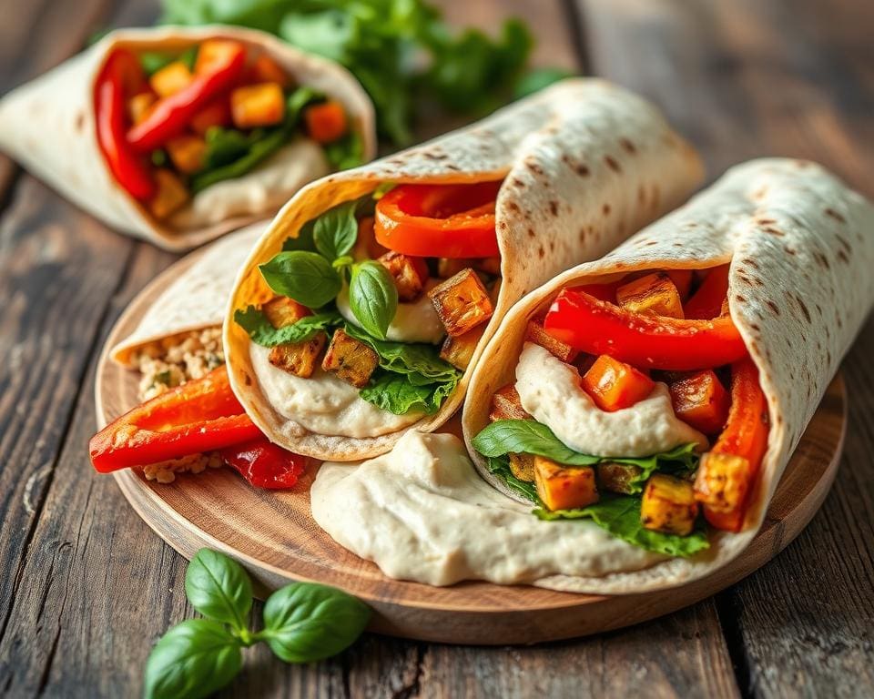 Volkoren wraps met geroosterde paprika en hummus