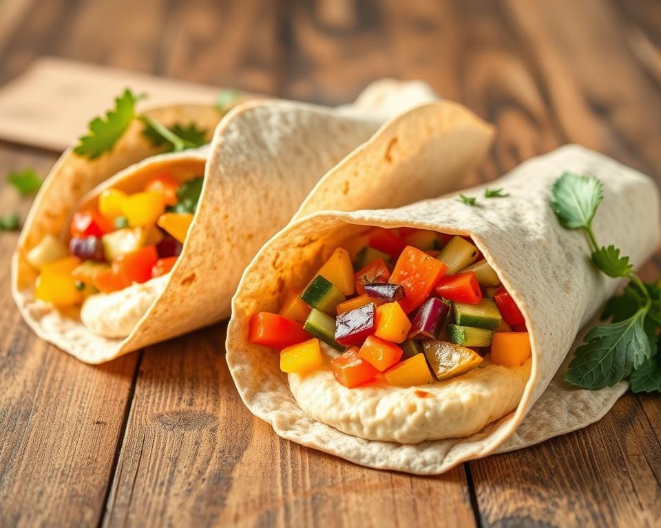 Volkoren wraps met hummus en knapperige groenten