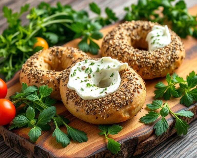 Volkoren zuurdesem bagels met een kruidenroomkaas