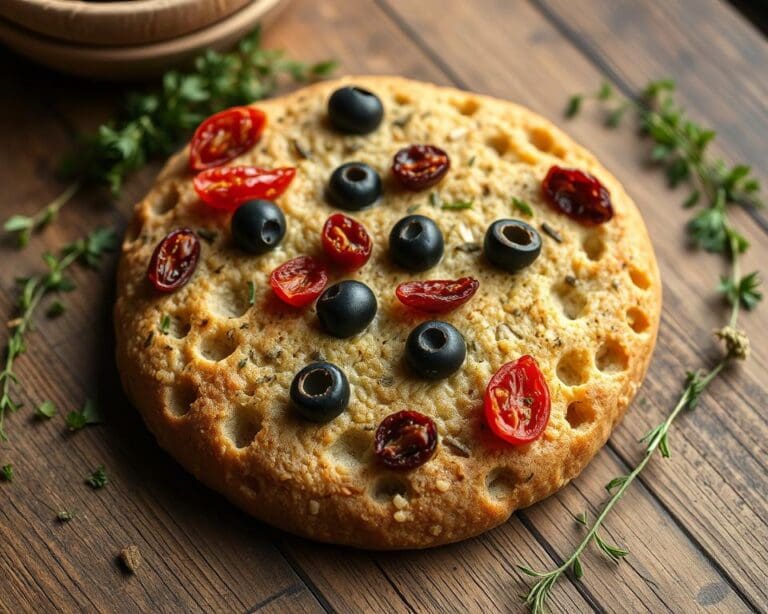 Volkoren zuurdesem focaccia met olijven en zongedroogde tomaten