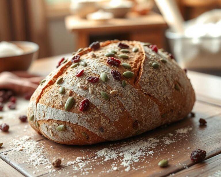 Volkoren zuurdesembrood met cranberry's en pompoenpitten