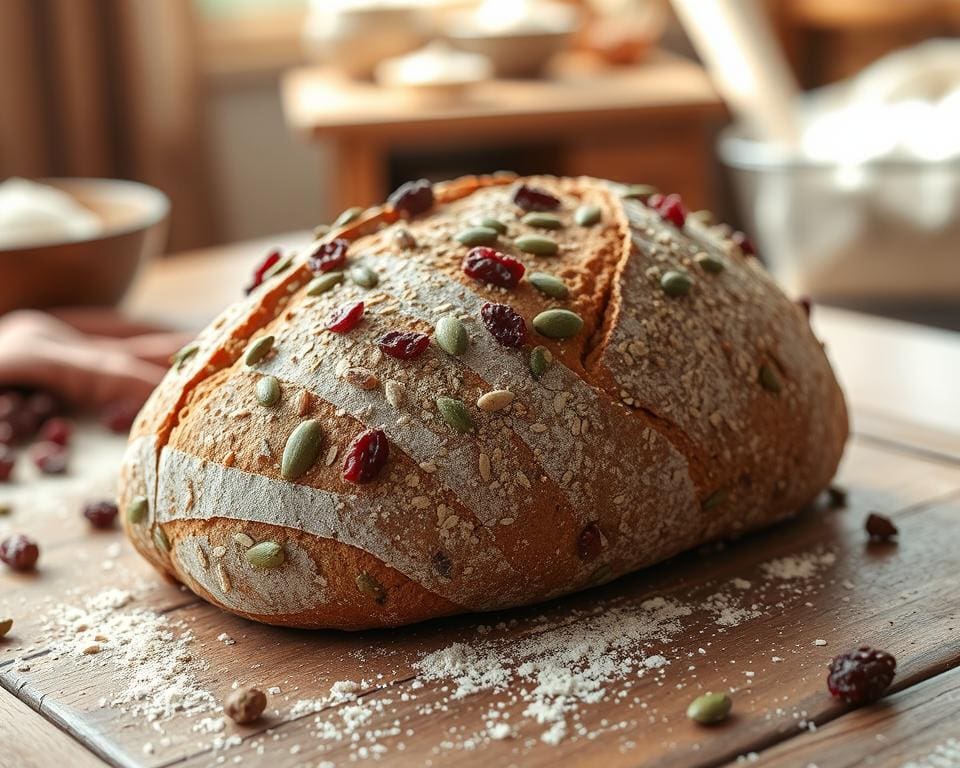 Volkoren zuurdesembrood met cranberry's en pompoenpitten