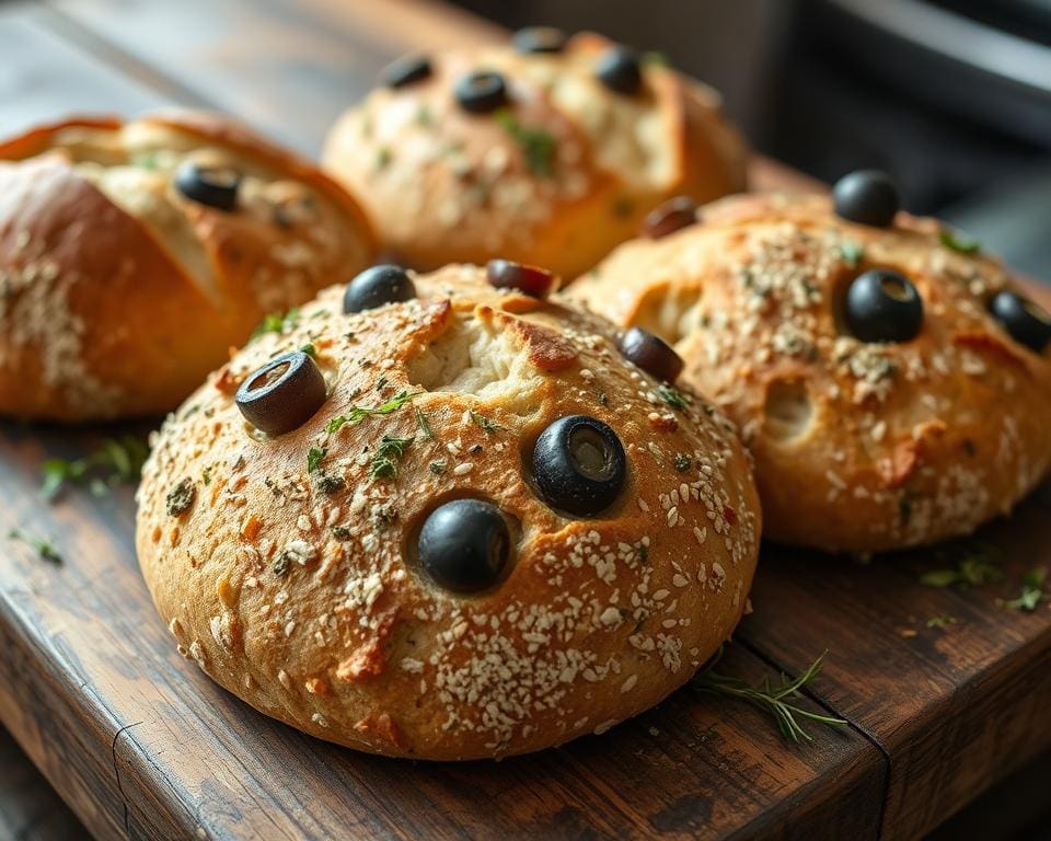 Volkoren zuurdesembroodjes met olijven en oregano