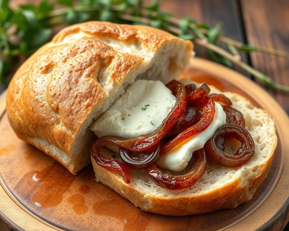 ciabatta met geitenkaas en gekarameliseerde uien