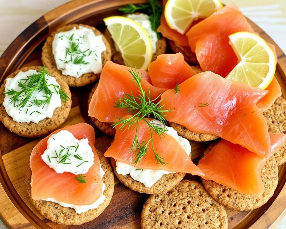 ingrediënten volkoren crackers met kruidenkaas en zalm