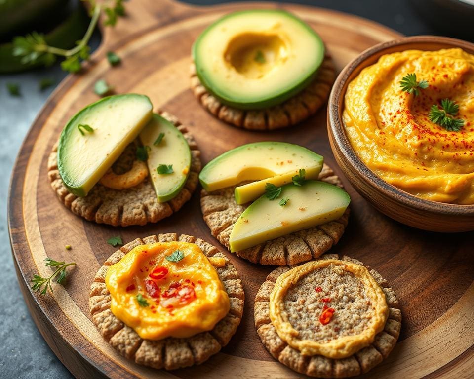 volkoren crackers met avocado en pittige hummus