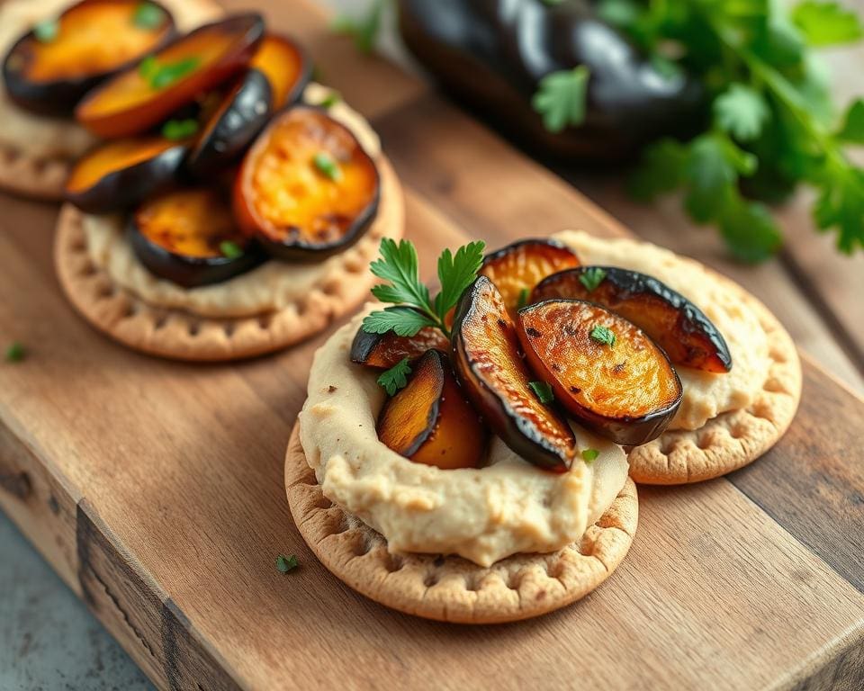 volkoren crackers met hummus en geroosterde aubergine