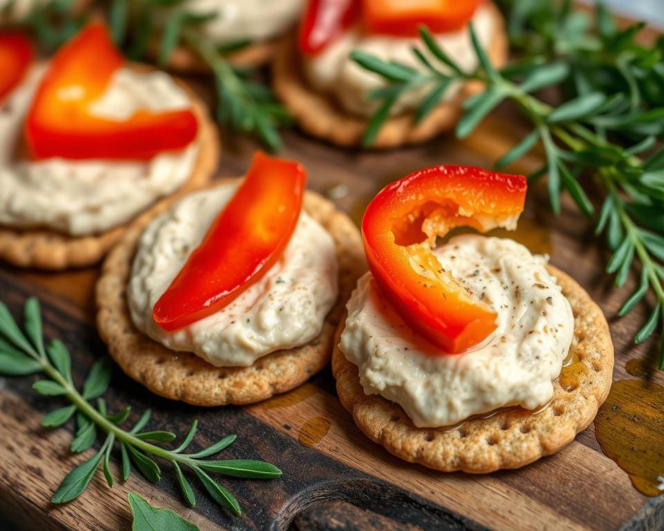 Volkoren crackers met hummus en paprika