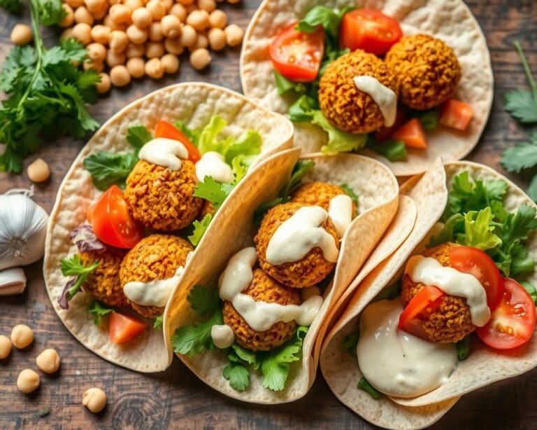 Volkoren wraps met falafel en tahin-knoflooksaus