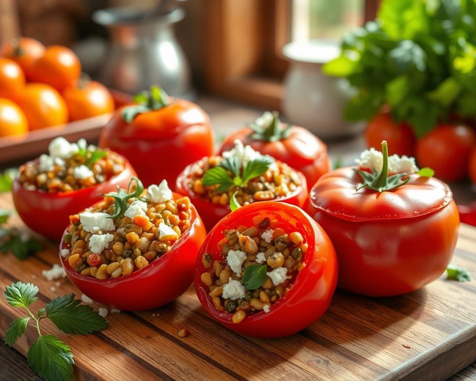 gevulde tomaten met linzen en feta