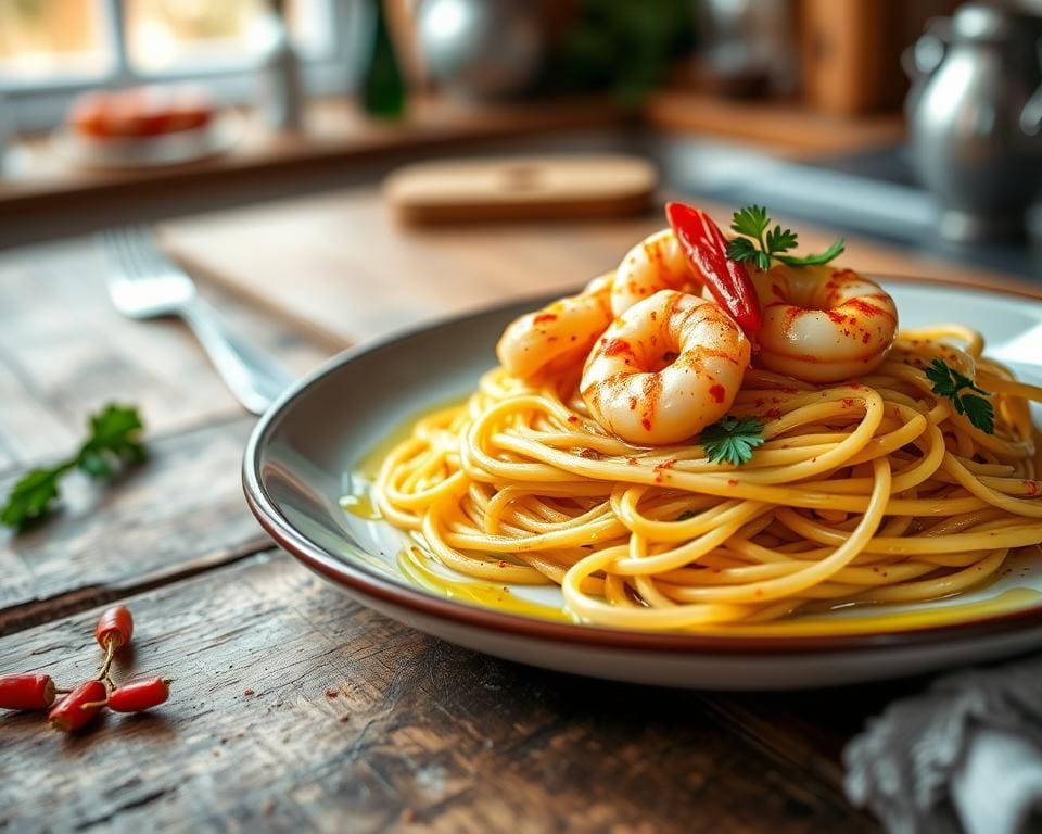 spaghetti aglio e olio met garnalen